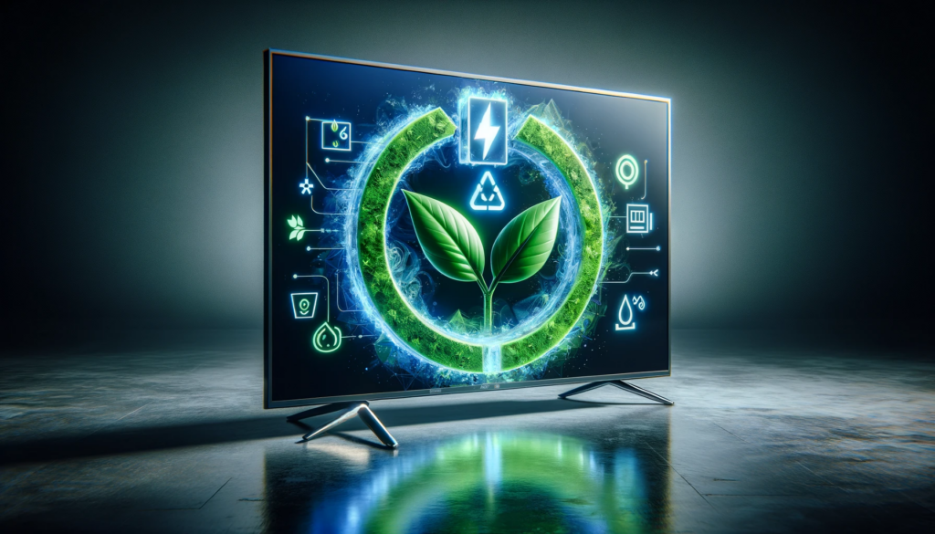 Crystal UHD and QLED TVs with eco-friendly and energy symbols in a green-themed setting.